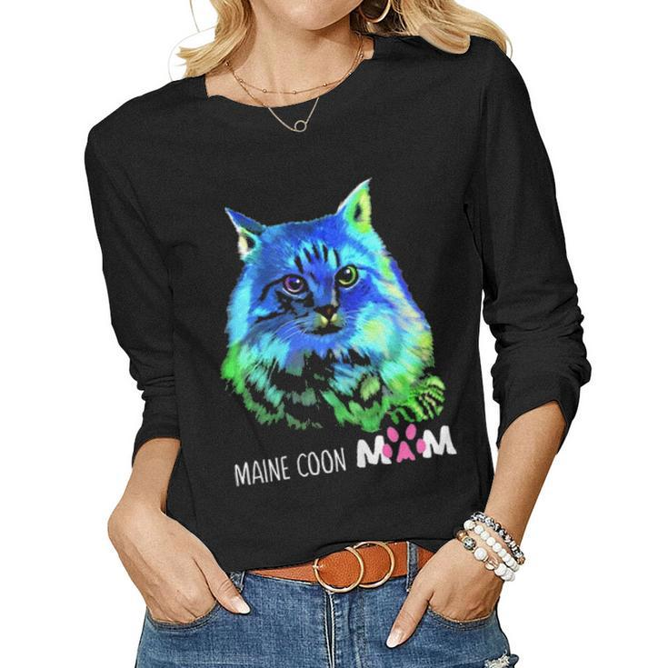 Colorful Maine Coon Cat Mom Funny Kitten Lover Mothers Day Women Graphic Long Sleeve T-shirt