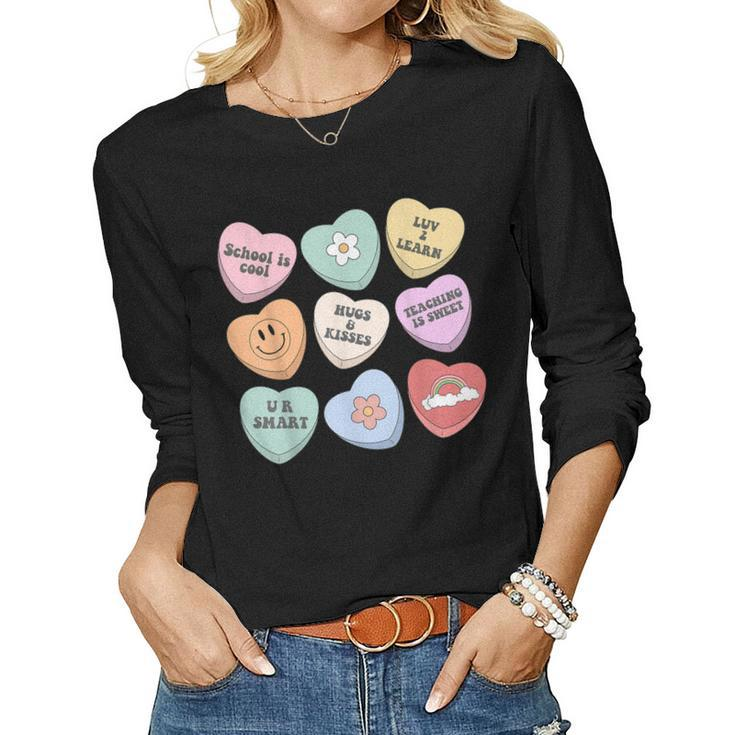 Conversation Hearts Groovy Valentines Day Cute Teacher  V2 Women Graphic Long Sleeve T-shirt