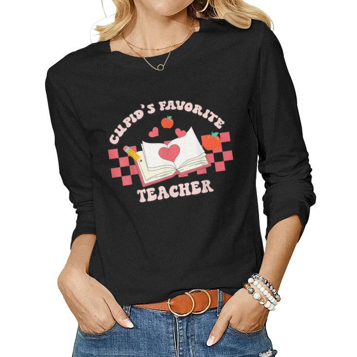 Cupids Favorite Teacher Happy Valentines Day Retro Groovy  Women Graphic Long Sleeve T-shirt