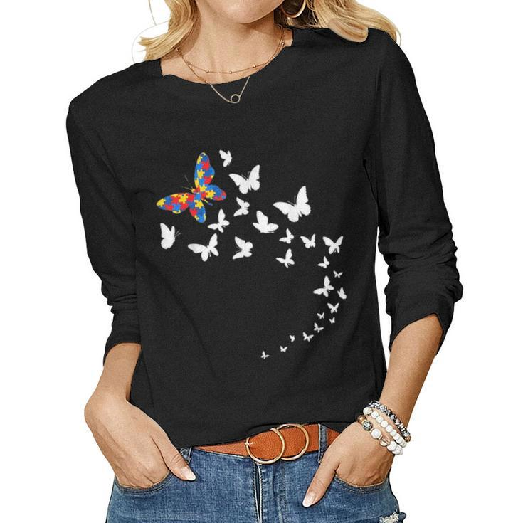 Cute Butterflies Autism Awareness Gifts Women Dad Mom Kids Women Graphic Long Sleeve T-shirt
