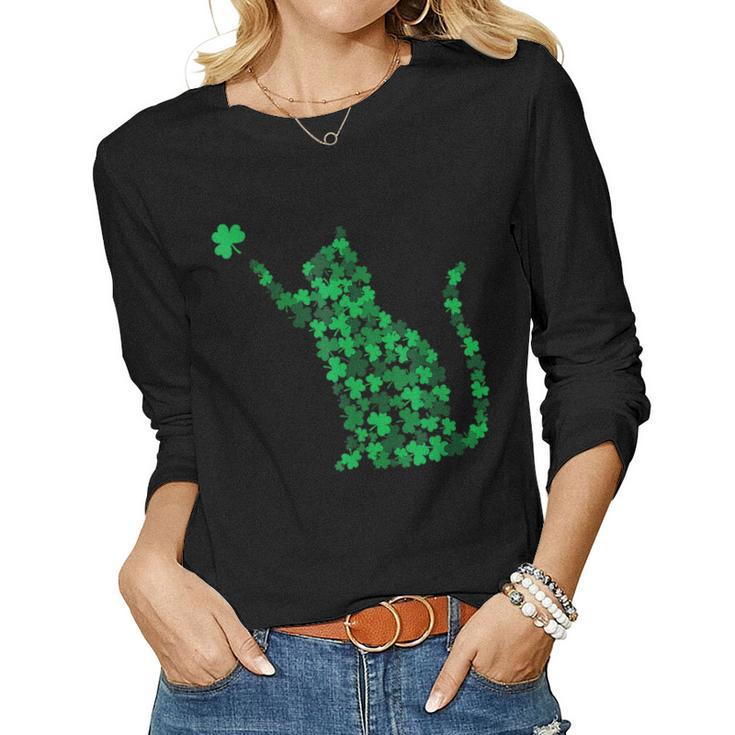 Cute Cat St Patricks Day Clover Lucky Cat Mom Shamrock Cat  V2 Women Graphic Long Sleeve T-shirt