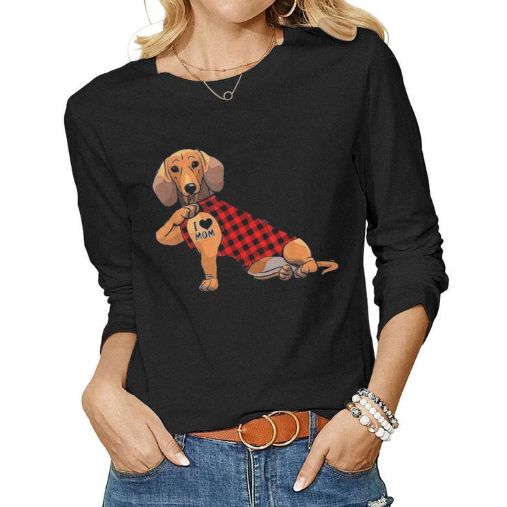 Cute Dachshund Dog I Love Mom Tattoo Gift Mothers Day Women Graphic Long Sleeve T-shirt