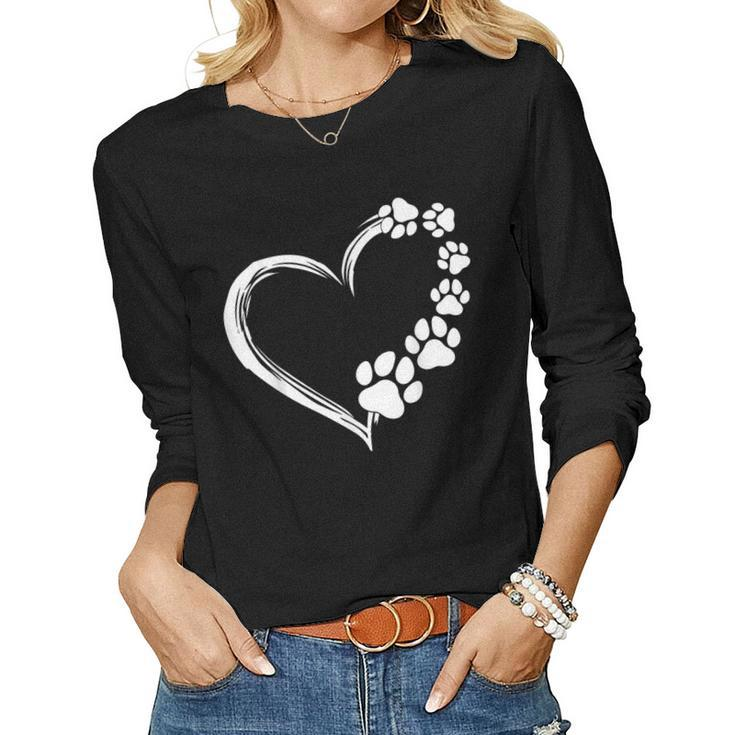 Cute Dog Puppy Dogs Paw Print Heart Dog Mom Women Long Sleeve T-shirt