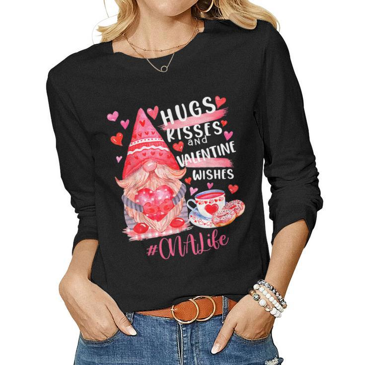 Cute Gnome Cna Life Nurse Hugs Kisses Valentines Day  V2 Women Graphic Long Sleeve T-shirt