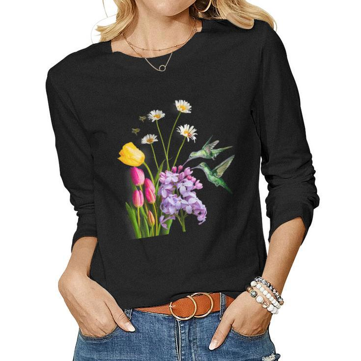 Womens Cute Hummingbird Womens - Hummingbirds Flowers Bees Women Long Sleeve T-shirt