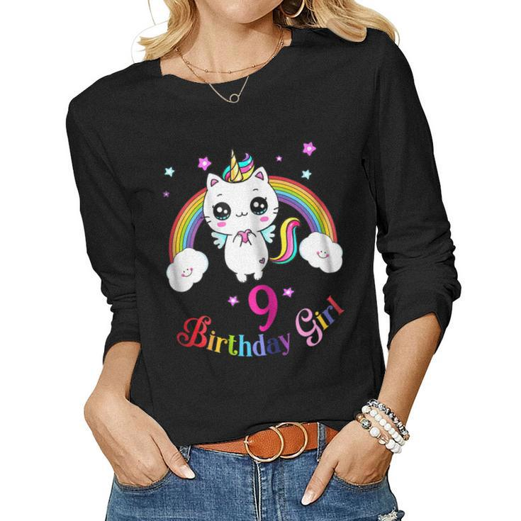 Cute Kitty 9Th Birthday Shirt Unicorn Rainbow 9Th Bday Women Long Sleeve T-shirt