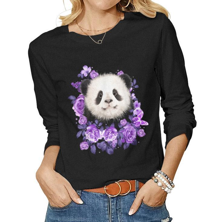 Cute Panda Purple Flowers Panda Lovers Gift  Women Graphic Long Sleeve T-shirt