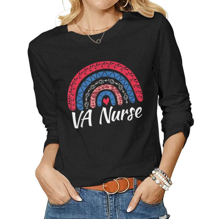 Cute Rainbow Leopard Va Nurse Veteran Rn Nursing Medical  Women Graphic Long Sleeve T-shirt