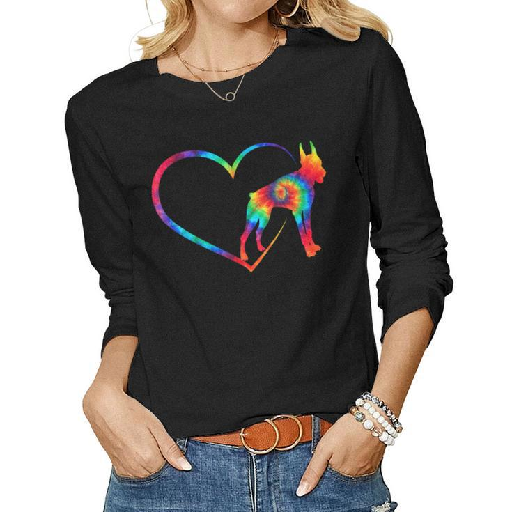 Cute Tiedye Heart Love Doberman Dog Mom Clothes Hippy Dobie Women Long Sleeve T-shirt