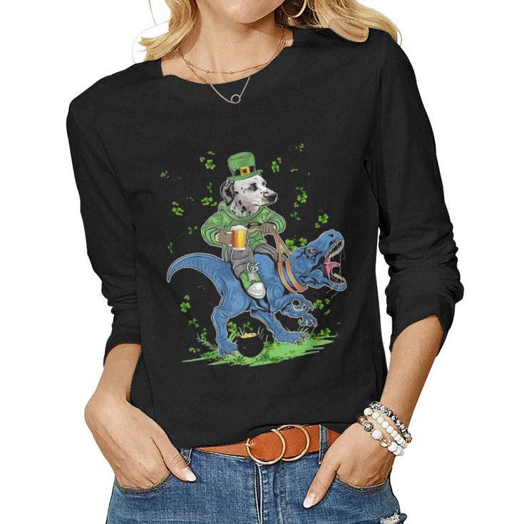 Dalmatian Dog Holding Beer Ride T Rex St Patricks Day Women Graphic Long Sleeve T-shirt