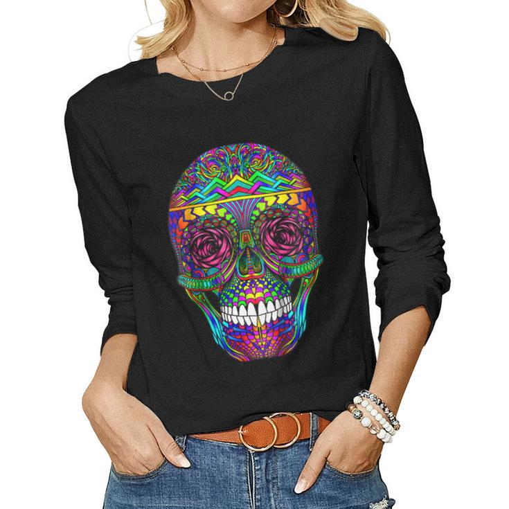 Day Of The Dead Rainbow Skull Dia De Los Muertos Women Long Sleeve T-shirt