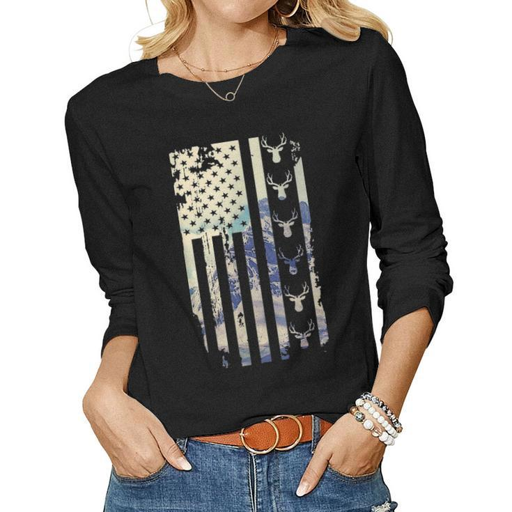 Deer Hunting American Flag 4Th Of July Fathers Day Christmas Women Graphic Long Sleeve T-shirt