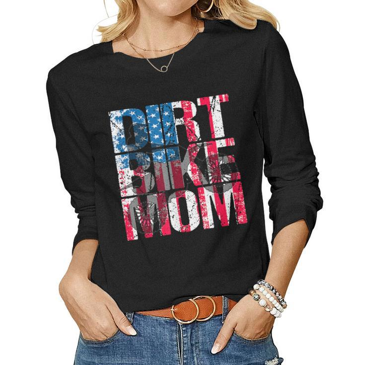 Dirt Bike Mom Vintage American Flag Motorcycle Silhouette Women Long Sleeve T-shirt