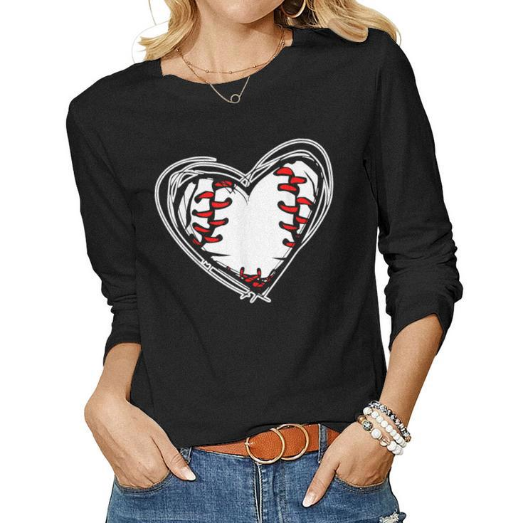 Distressed Heart Baseball Heart Mom Mama Women Long Sleeve T-shirt