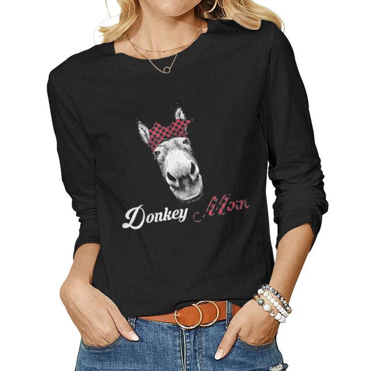 Donkey Mom Lovers Farm Animal Gifts Buffalo Plaid Red Gift Women Graphic Long Sleeve T-shirt