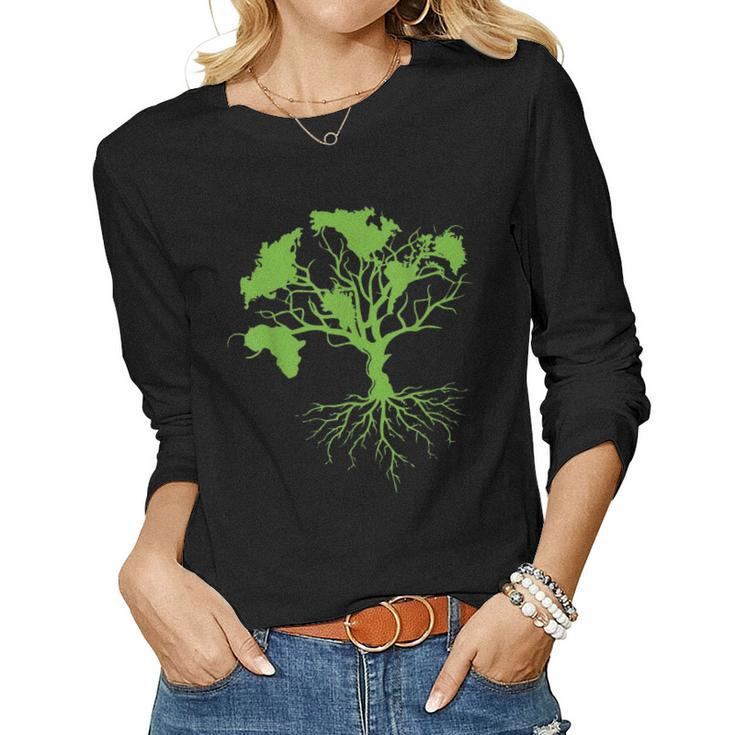 Earth Day 2023 Cute World Map Tree Pro Environment Plant Women Long Sleeve T-shirt