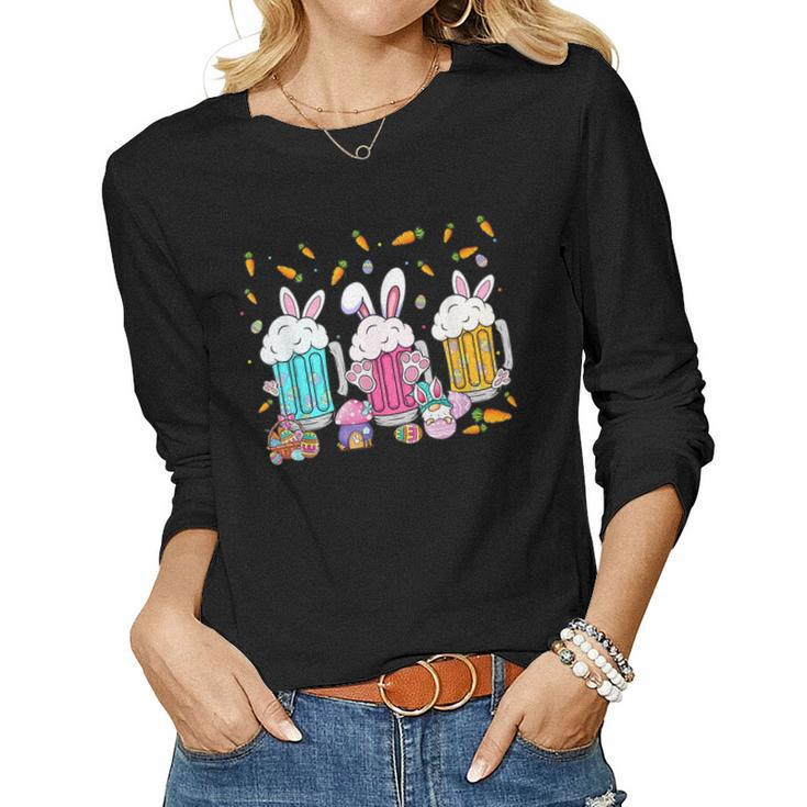 Easter Beer Glasses Bunny Ears Alcohol Drinking Party Women Long Sleeve T-shirt