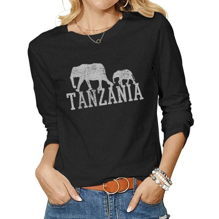 Elephant Family Baby Mother Dad Africa Tanzania Vintage Women Graphic Long Sleeve T-shirt