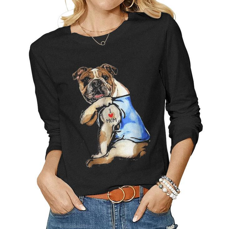 English Bulldog Dog Tattoo I Love Mom V2 Women Graphic Long Sleeve T-shirt