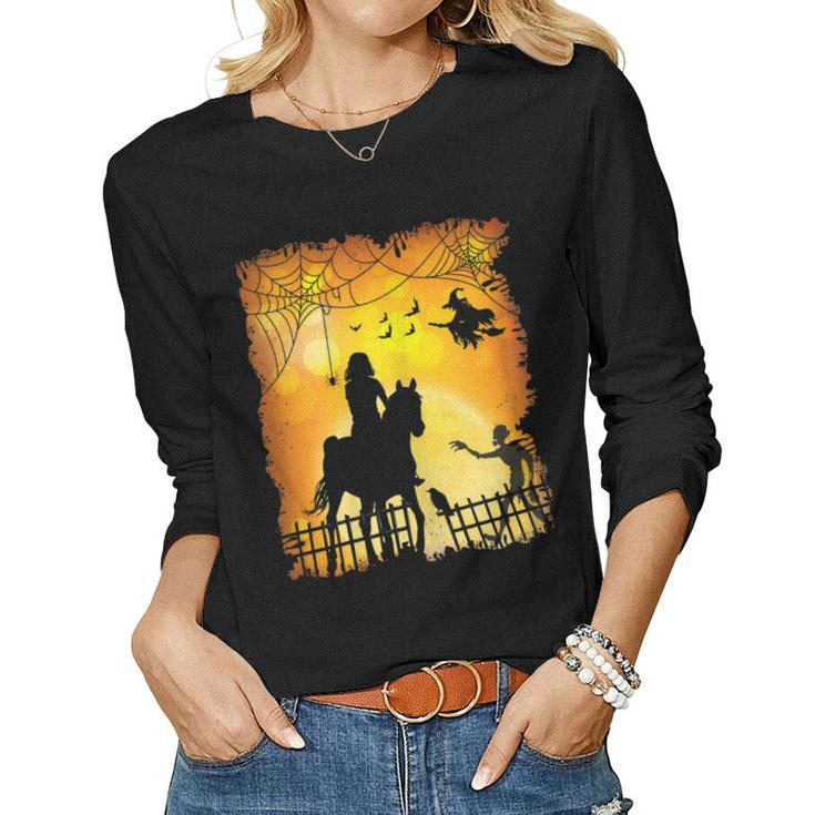 Equestrian Girl Riding Horse Scary Horseback Rider Halloween Women Long Sleeve T-shirt