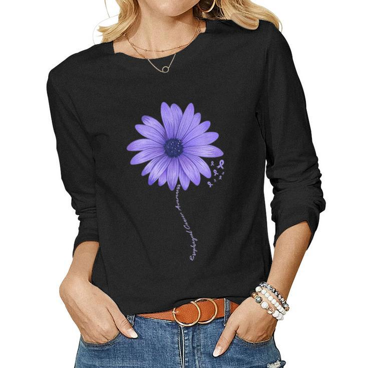 Esophageal Cancer Awareness Sunflower Periwinkle Ribbon Women Long Sleeve T-shirt