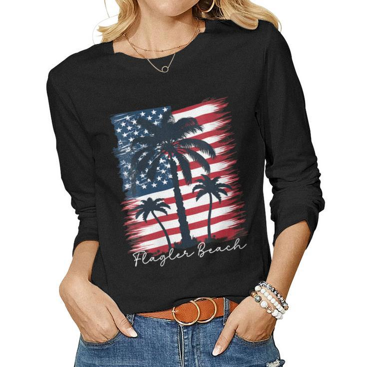 Womens Flagler Beach - Patriotic American Flag Palm Trees Women Long Sleeve T-shirt