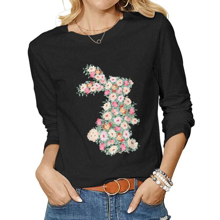 Floral Easter Bunny Easter Rabbit Happy Easter Spring Flower  Women Graphic Long Sleeve T-shirt