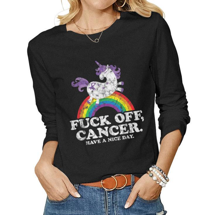 Fuck Off Cancer Survivor Quote Unicorn Rainbow Women Long Sleeve T-shirt