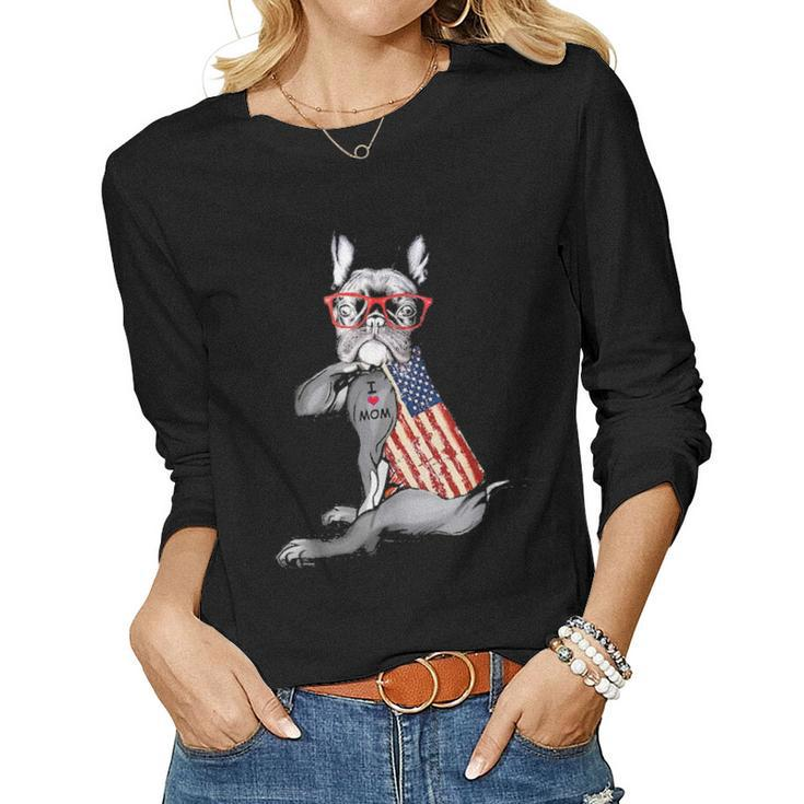 Funny Dog French Bulldog I Love Mom Tattoo Gift Women Graphic Long Sleeve T-shirt