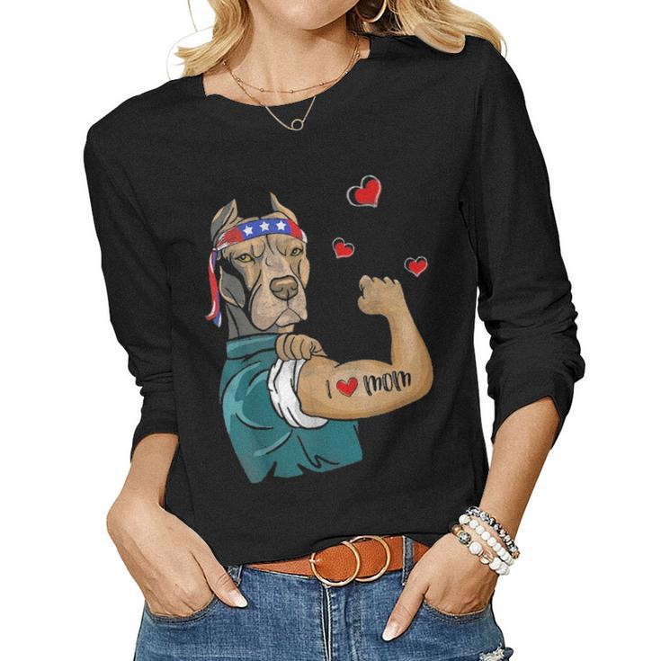 Funny Dog Pitbull I Love Mom Tattoo Gifts Mothers Day Women Graphic Long Sleeve T-shirt
