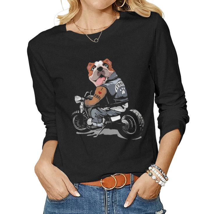 Funny English Bulldog Dog Tattoo I Love Mom Biker Gift Women Graphic Long Sleeve T-shirt