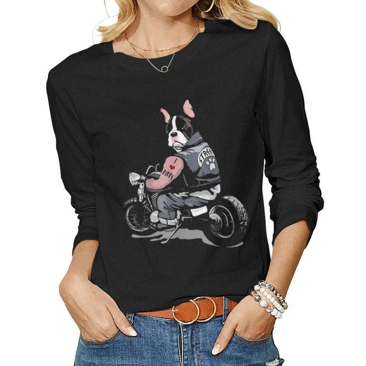 Funny French Bulldog Dog Tattoo I Love Mom Biker Gift Women Graphic Long Sleeve T-shirt