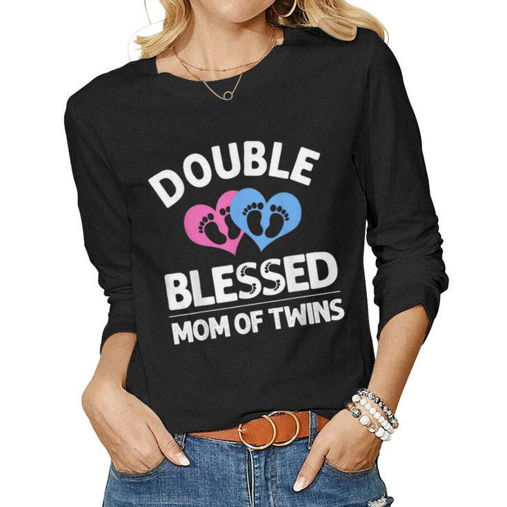 Funny New Mom Of Twins Gift For Women Mother Announcement  Women Graphic Long Sleeve T-shirt