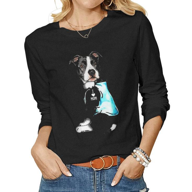 Funny Pit Bull Dog I Love Mom Tattoo Pit Bull Lover Gift Women Graphic Long Sleeve T-shirt