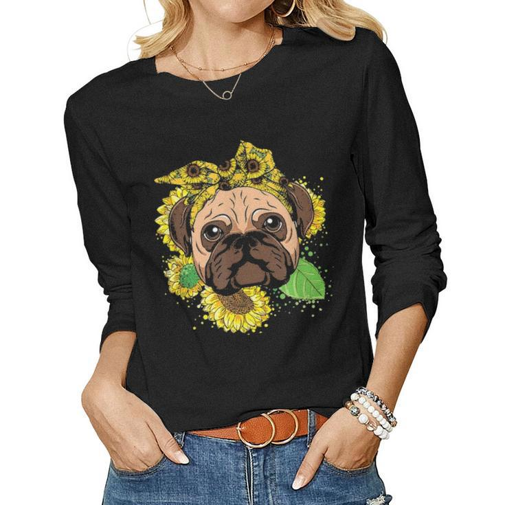 Funny Pug Dog Mom Sunflower Head Bandana Womens Girls Gift Women Graphic Long Sleeve T-shirt