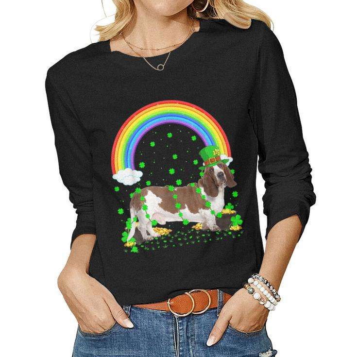Funny Shamrock Vintage Rainbow Basset Hound St Patricks Day Women Graphic Long Sleeve T-shirt