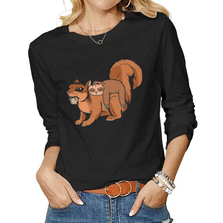 Funny Sloth Riding Squirrel Sloth Lover Gift Women Graphic Long Sleeve T-shirt