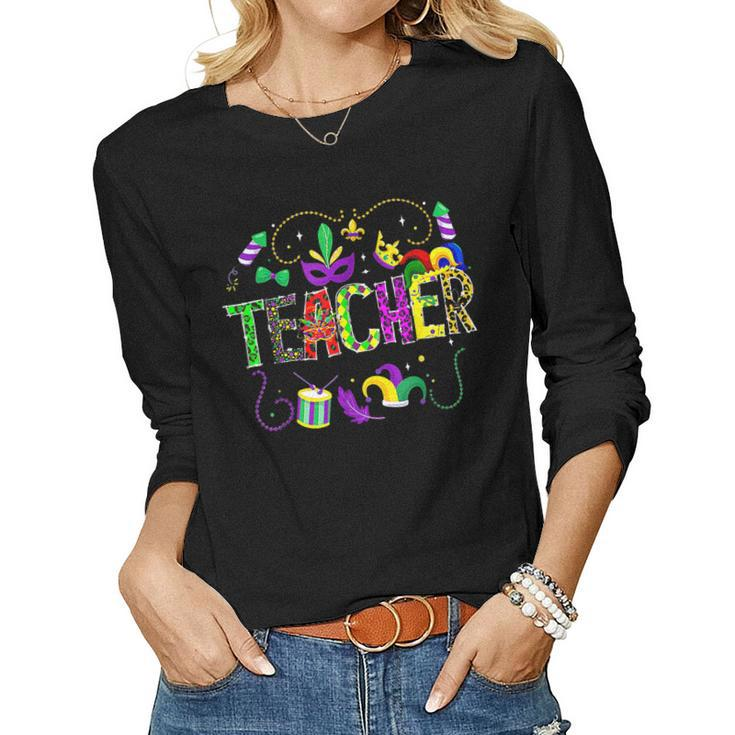 Funny Teacher Mardi Gras Family Matching Outfit  V3 Women Graphic Long Sleeve T-shirt