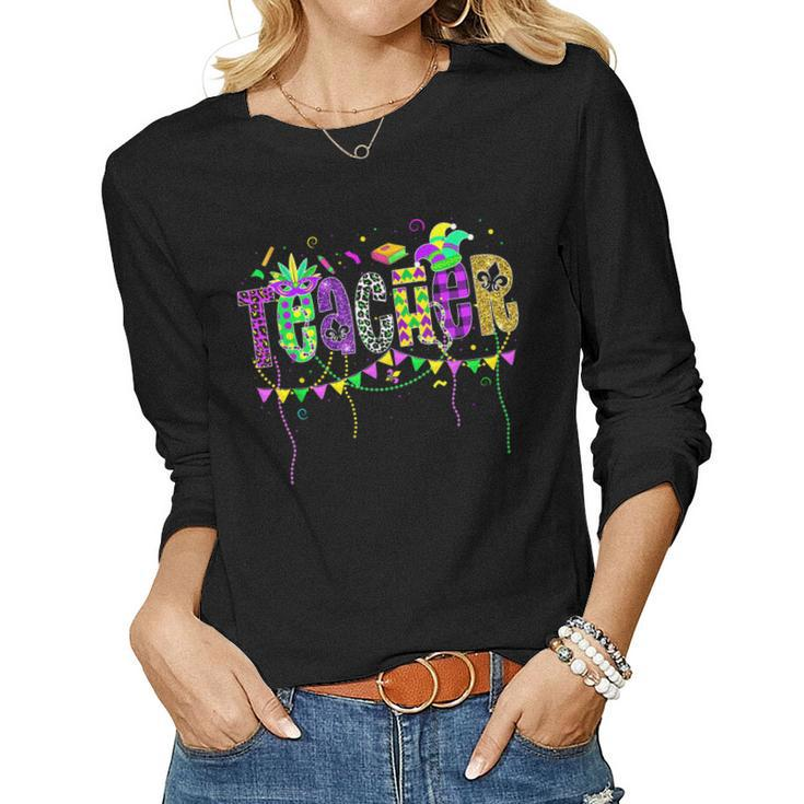 Funny Teacher Mardi Gras Festival Family Matching Outfit  Women Graphic Long Sleeve T-shirt