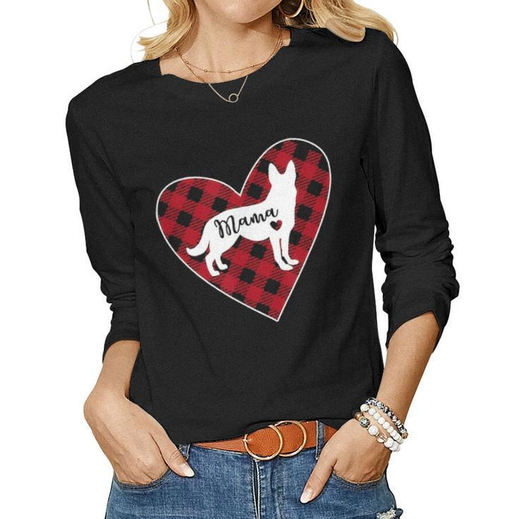 German Shepherd Mom Buffalo Plaid Heart Lover Gift Women Graphic Long Sleeve T-shirt