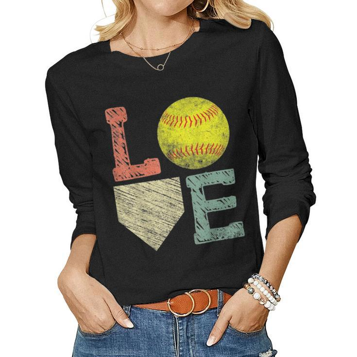Girls Love Softball  Mom Women Distressed Ball Women Graphic Long Sleeve T-shirt