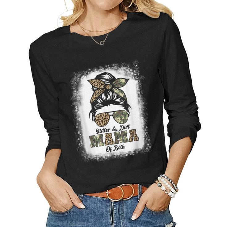 Glitter And Dirt Mom Of Both  Leopard Camo Messy Bun  Women Graphic Long Sleeve T-shirt