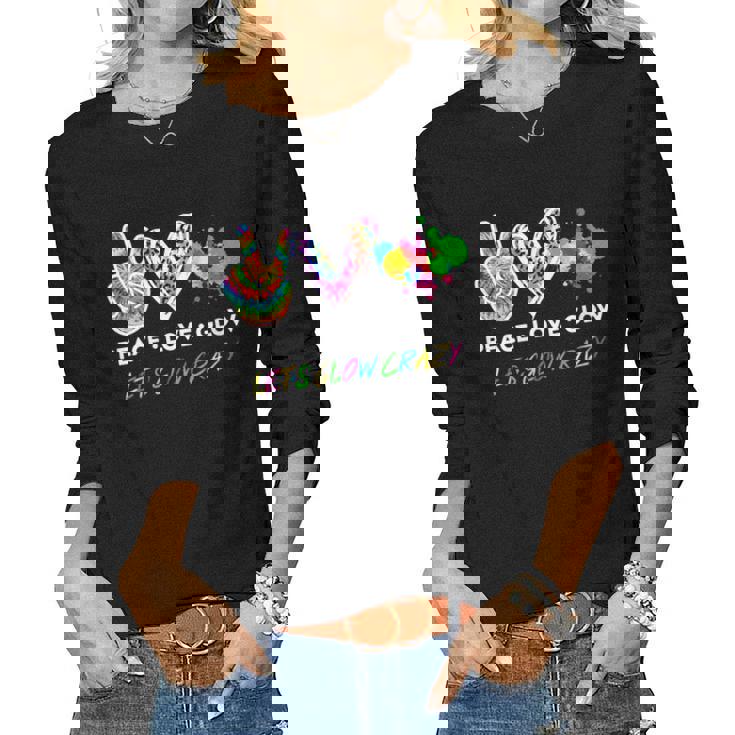 Womens Lets Glow Crazy Peace Love Glow Party Squad Halloween Women Long Sleeve T-shirt