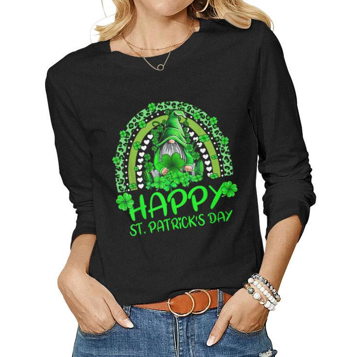 Gnome Holding Lucky Shamrock Rainbow Leopard St Patricks Day  V3 Women Graphic Long Sleeve T-shirt