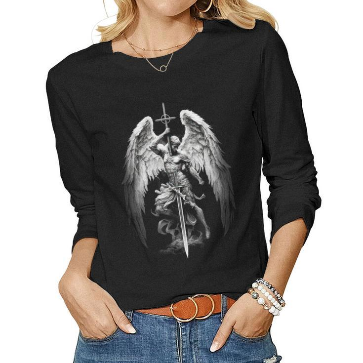 Gods Angel Gabriel Archangel With Sword Cross And Wings Women Long Sleeve T-shirt
