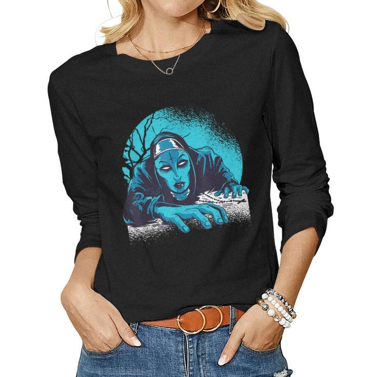 Goth Nun Religious Sister Antichrist Evil Goth Cross Women Long Sleeve T-shirt