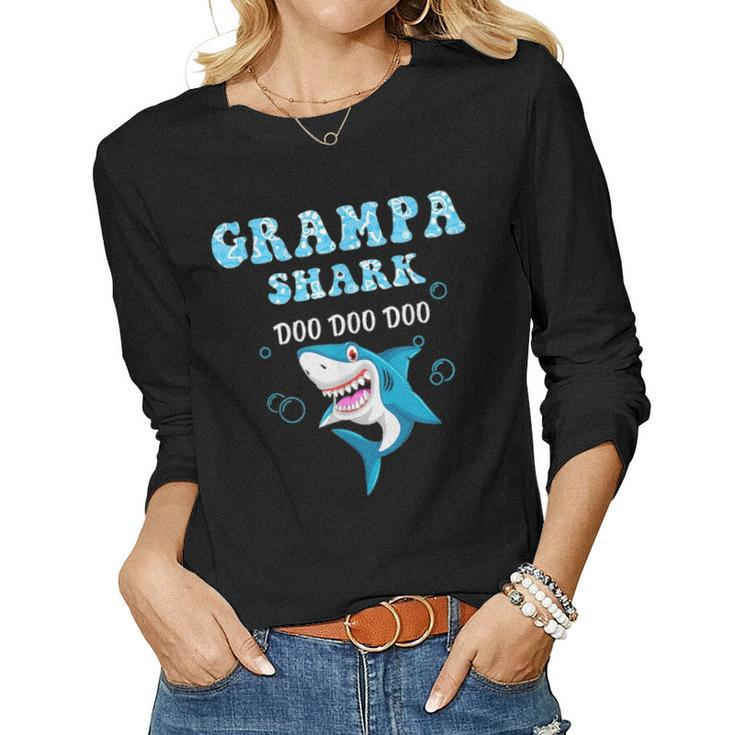 Grampa Shark Fathers Day Gift From Wife Son Daughter Women Graphic Long Sleeve T-shirt