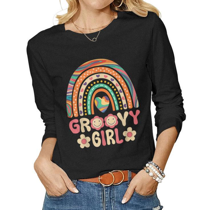 Groovy Girl 60S Theme Costume Cute 70S Outfit Rainbow Hippie Women Long Sleeve T-shirt