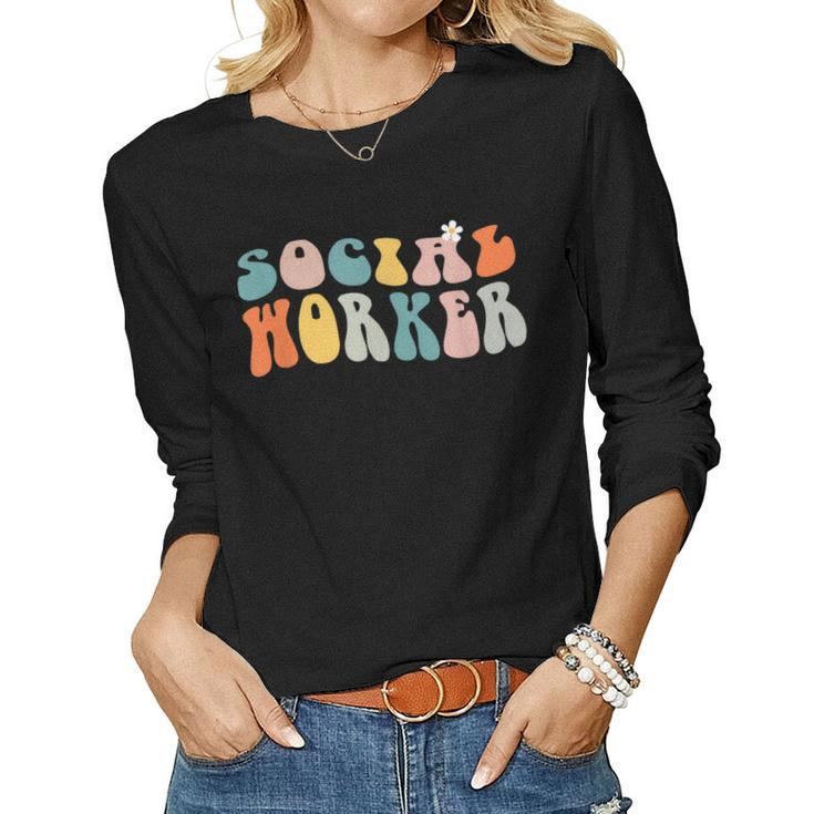 Groovy Retro Social Worker Leopard Rainbow Funny Work Love  Women Graphic Long Sleeve T-shirt