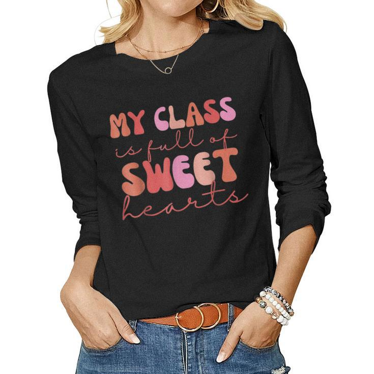 Groovy Teacher Valentine Back To School 100 Days Of School  V2 Women Graphic Long Sleeve T-shirt